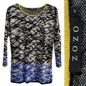 Zozo lightweight linen-viscose woven sweater, abstract lines, gray black yellow